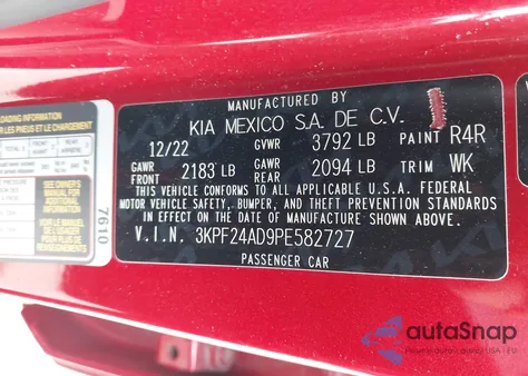 2023 Kia Forte Lxs z USA, uszkodzony, nr VIN 3KPF24AD9PE582727